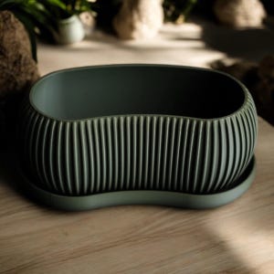 Puede incluir: Una maceta de cerámica verde oscuro con un diseño acanalado y un platillo a juego. La maceta tiene forma ovalada y un acabado liso y brillante.