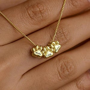 May include: A gold necklace with three paw print pendants, each engraved with a pet's name: Molly, Lucy, and Daisy. The delicate chain necklace is shown against a skin-toned background. The paw prints are a golden color.