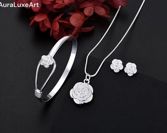 925 sterlingzilveren bloemsieradenset voor dames, ketting, oorbellen en armband, elegant cadeau