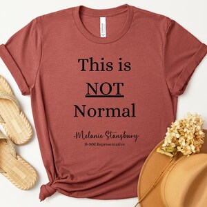 May include: A rust-colored t-shirt with the text "This is NOT Normal -Melanie Stansbury D-NM Representative" printed in black.