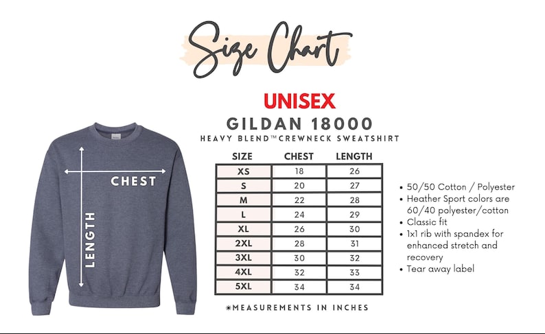 Puede incluir: Sudadera unisex azul Gildan 18000 de mezcla pesada con una tabla de tallas. La tabla muestra las medidas de pecho y largo en pulgadas, que van de la XS a la 5XL. La sudadera est&aacute; hecha de una mezcla 50/50 de algod&oacute;n/poli&eacute;ster.