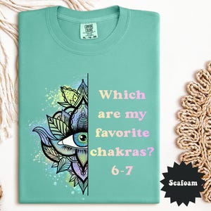 May include: Seafoam green t-shirt with the text "Which are my favorite chakras? 6-7". The shirt features a colorful eye and mandala design on the left side. The shirt is a Comfort Colors brand, size XL-TG-EG.