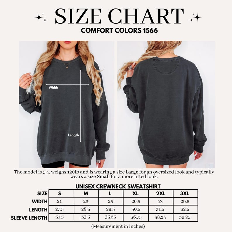 Puede incluir: Tabla de tallas para una sudadera unisex de cuello redondo, con medidas en pulgadas. La tabla incluye tallas de la S a la 3XL, con dimensiones de ancho, largo y largo de manga. La modelo mide 163 cm y usa una talla Large.