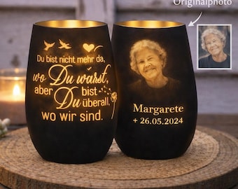 Erinnerungslicht mit Foto und Gravur – personalisiertes Trauerlicht – Gedenk Windlicht als Zeichen der Verbundenheit