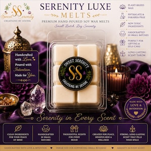 May include: A clear plastic clamshell container holding six off-white soy wax melt cubes. The center features a circular black label with the gold text Sweet Serenity Creations By Divine. The packaging includes text detailing plant-based wax, phthalate and paraben-free ingredients, and small-batch production, surrounded by purple fabric and decorative items.