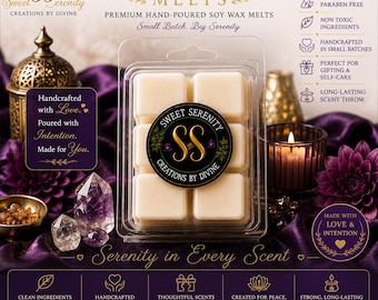 May include: A clear plastic clamshell container holding six off-white soy wax melt cubes. The center features a circular black label with the gold text Sweet Serenity Creations By Divine. The packaging includes text detailing plant-based wax, phthalate and paraben-free ingredients, and small-batch production, surrounded by purple fabric and decorative items.