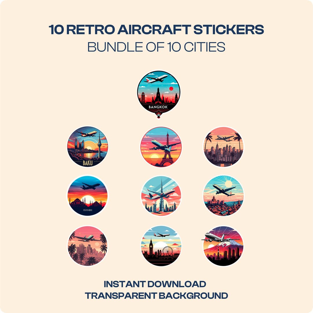 10 Retro Aircraft Stickers – Around the World Digital PNG Bundle ...