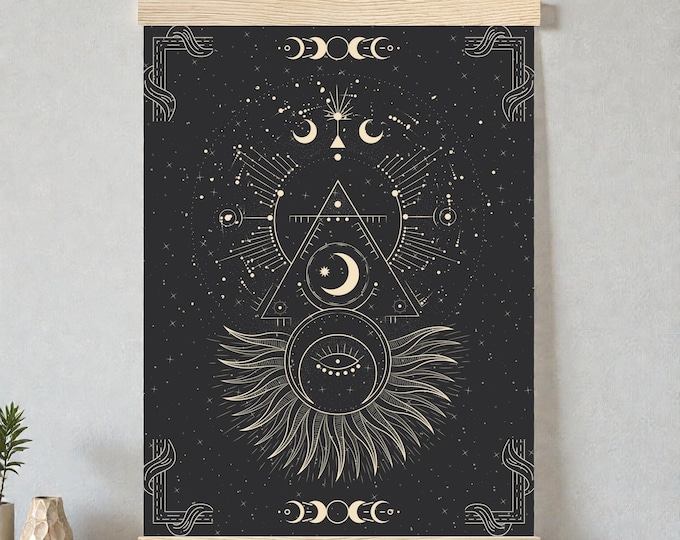 Celestial Wall Art Poster with Wooden Hanger – Stars & Moon Mystical Decor