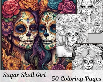 Sugar Skull Girls Coloring Book - 50 Pages Grey Scale
