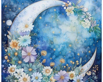 Celestial Moon Blue Floral 2026 Wall Calendar