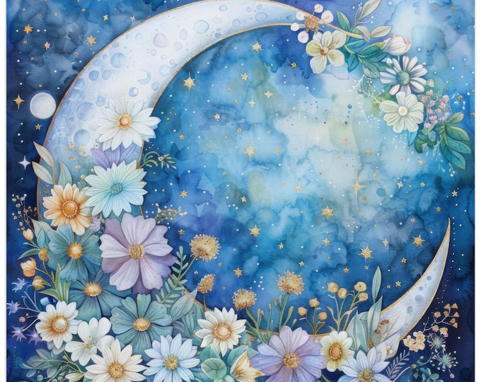 Celestial Moon Blue Floral 2026 Wall Calendar
