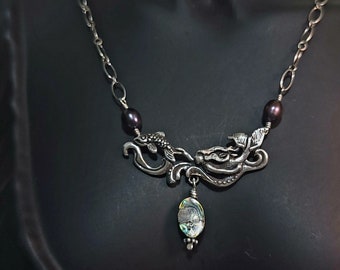 The Chase is On! Mermaid Pendant,  Abalone, Sterling Silver Jewelry, Abalone, Rainbow Freshwater Pearl, Ariel, Mythical