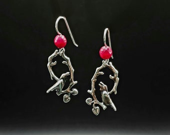 Raven's Song Earrings, Ruby, Sterling Silver Earrings, Bird Jewelry, Corvid, Symbolism, Gallery