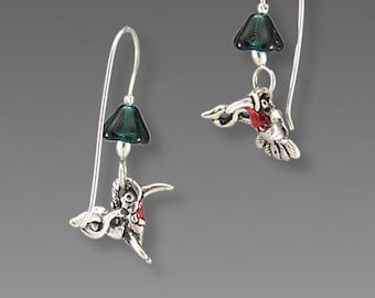 Hummingbirds, Glass, Enamel, Little Gladiator Earrings, Sterling, Glass Flower, Hooks, Southwest Jewelry, FREE POSTAGE!