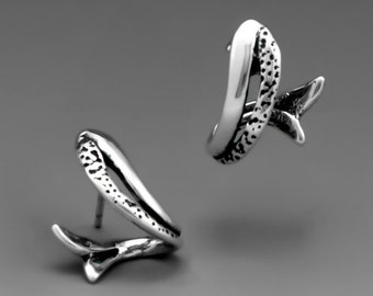 Salmon Hoops, Earrings, Sterling Silver Jewelry, Fish Jewelry, Unusual Studs, Hoop Earrings