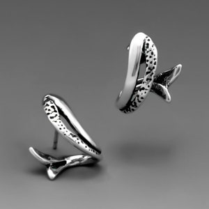 Salmon Hoops, Earrings, Sterling Silver Jewelry, Fish Jewelry, Unusual Studs, Hoop Earrings, FREE POSTAGE