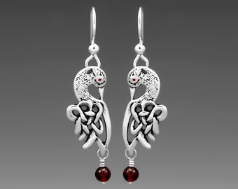 Loon Earrings, Garnet, Celtic Jewelry, Sterling, Bird Jewelry, Wild Birds, Symbolism, Book of Kells, Wild Birds, Loon,  FREE POSTAGE!