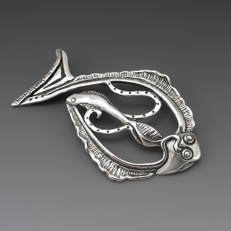 Halibut Spirit Pin, Silver, Halibut Brooch, Sterling Silver Jewelry, Fish Jewelry, Alaska, Fishing, Symbolism Free Postage