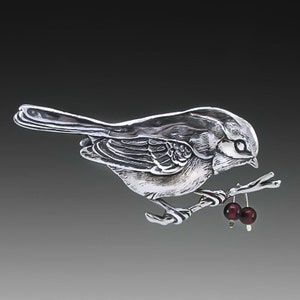 Stg. Chickadee Pin, Garnet, Chickadee Brooch, Bird Jewelry, Branch Necklace, Garnet Jewelry, Silver Bird Jewelry,  FREE POSTAGE!
