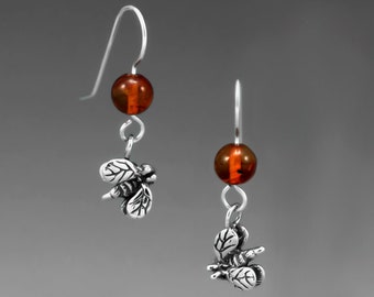 Buzzz-B Bee, Amber,  Hooks, Sterling Silver Jewelry, Bee Jewelry, Honey Bee, Amber Jewelry, Dangle Earrings,, FREE POSTAGE!