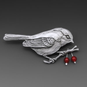 Chickadee Pin, Pewter, Red Jade, Chickadee Brooch, Bird Jewelry, Branch Necklace, Red Jade, Pewter Bird Jewelry,  FREE POSTAGE! Favorite