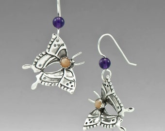 Mariposa, Butterfies, Amethyst, Moonstone, Hooks, Sterling Silver Jewelry, Butterfly Jewelry, Insect, Swallowtail Butterfly,  FREE POSTAGE