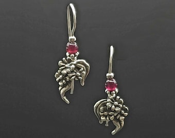 Fireweed, Garnets, Hook  Wild Flower, Sterling, Penstamon Earrings, Botanical Jewelry, Alaska, Arizona Flower Earrings Newest, FREE POSTAGE!