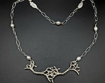 A Winter Branch Necklace, Diamonds, Sterling Silver, One of a Kind, Winter Jewelry, Pearl Jewelry, Gallery, MAO   FREE POSTAGE