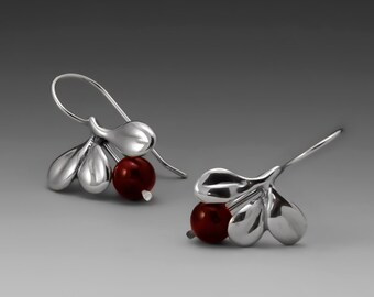 Cranberry Earrings, Garnet, Hook, Lowbush Cranberry, Silver Jewelry, Berry Jewelry, Leaf Earrings, Thanksgiving, FREE POSTAGE!