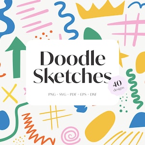 May include: A set of 40 doodle sketches in various colours and shapes, including swirls, lines, hearts, crowns, and arrows. The text "Doodle Sketches" is in the centre of the image.