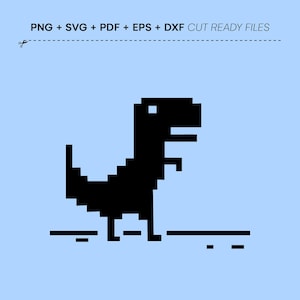 May include: A black and white pixelated dinosaur, also known as the Chrome dinosaur, is running on a white line. The dinosaur is a popular internet meme.