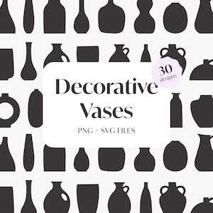 Può includere: Una collezione di 30 design di vasi decorativi in silhouette nere su sfondo crema. L'immagine presenta varie forme e dimensioni di vasi, con il testo "Decorative Vases" e "PNG + SVG FILES".