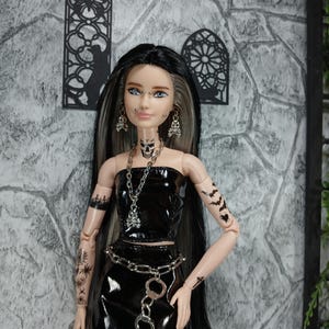 OOAK Gothic Barbie mtm doll; Skipper face mold on mtm body with piercings and tattooes; repainted and rerooted
