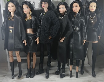 Dolls black gothic total leather outfit; coat with belt top and trousers and high heel shoes for 1/6 fashion dolls