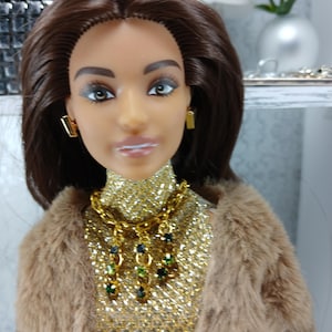 fashion dolls gold tight dress and fur coat, 11 inch dolls clothes, 30cm dolls outfits, accessories and jewels for 1/6 dolls; unique outfit