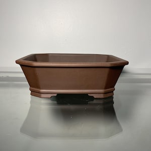 May include: A brown hexagonal bonsai pot with a square base and four feet.