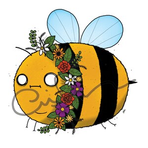 May include: A cartoon bee with a yellow and black striped body and large, round eyes. The bee is wearing a flower crown with red, yellow, purple, and white flowers. The bee has a pair of blue wings.