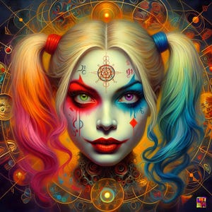 Puede incluir: Un retrato de Harley Quinn con cabello rojo y azul, usando un collar negro con un diseño decorativo. Su rostro está pintado con un diseño de maquillaje de payaso rojo y azul, y tiene ojos verdes y morados. El fondo es un diseño abstracto colorido con formas geométricas y círculos.