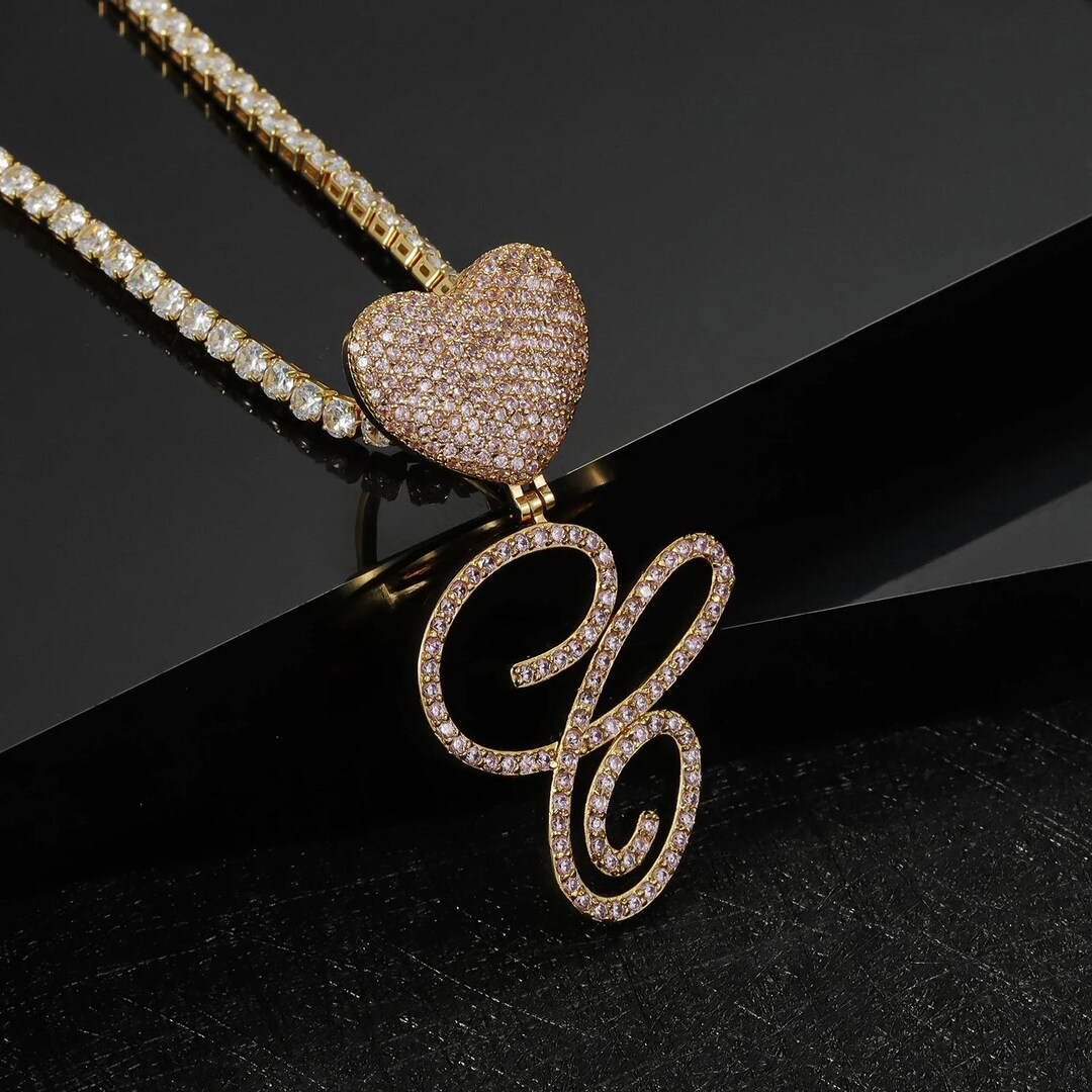 Custom Cursive Letter Pendant Necklace Iced Out Tennis Chain 18K Gold ...