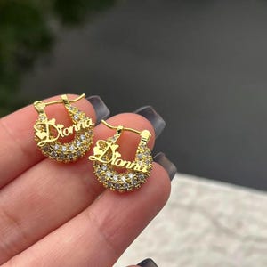 Custom Name Hoop Earrings - Iced Out Bling Letter Hoops - 15mm Gold Personalized Jewelry - Kids Gift, Birthday, Hip Hop Earrings