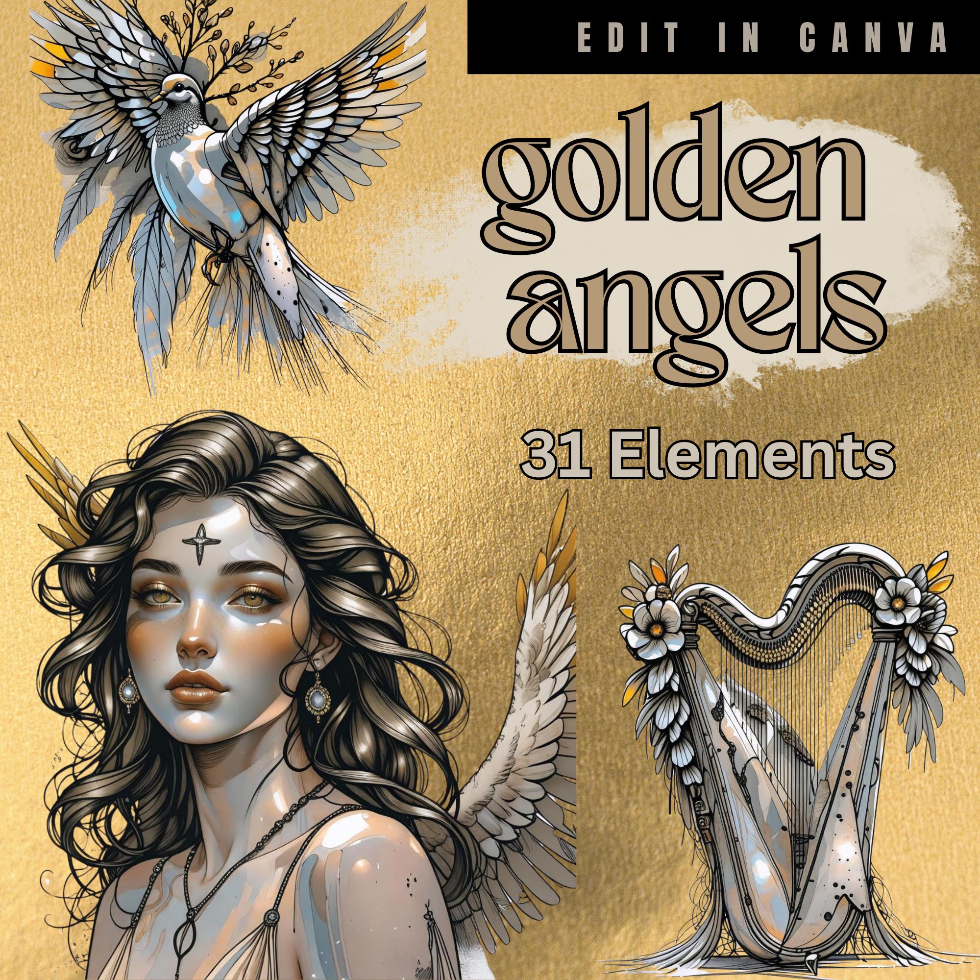 Angel Clipart, Elements, Gold Elements, Angelic, Harp, Angel Wings, Digital Elements, Instant Download,  Transparent Clipart, Golden Gates