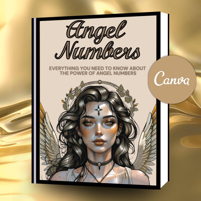 Pu&ograve; includere: Un libro intitolato "Angel Numbers" con un'illustrazione dettagliata di una donna con ali d'angelo e un'aureola. La copertina include anche il testo "EVERYTHING YOU NEED TO KNOW ABOUT THE POWER OF ANGEL NUMBERS" e un logo "Canva".