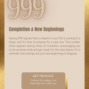 Pu&ograve; includere: Grafica beige con il numero 999 in un carattere stilizzato. Sotto, il testo recita "Completamento e Nuovi Inizi". Un riquadro pi&ugrave; piccolo dice "Abbraccia le conclusioni. I nuovi inizi sono in arrivo."