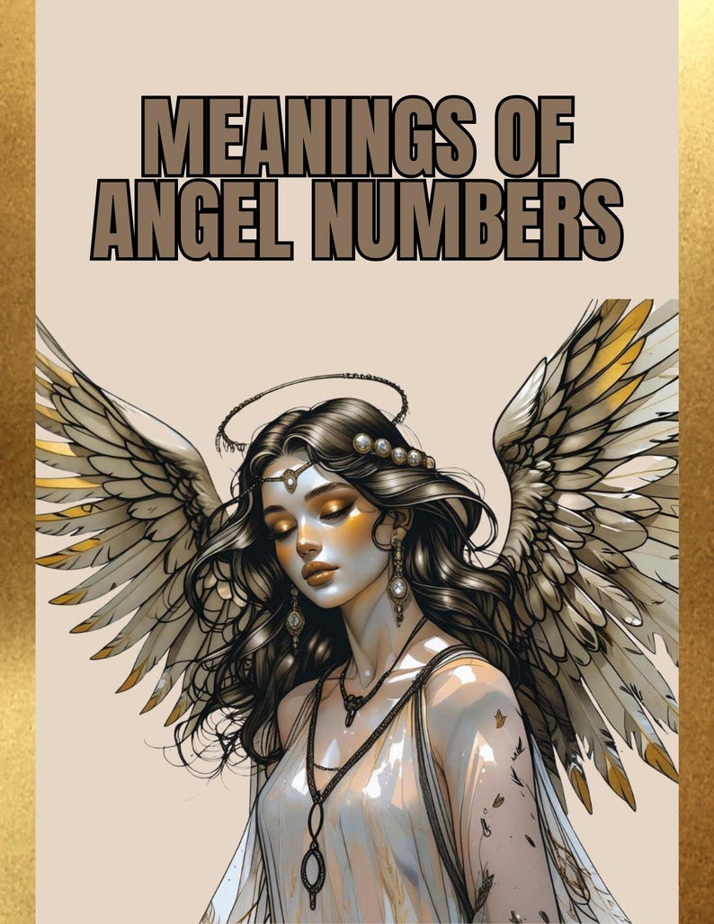 Pu&ograve; includere: Illustrazione di una donna con ali d'angelo e la scritta "MEANINGS OF ANGEL NUMBERS". La donna ha lunghi capelli scuri, un'aureola e indossa un abito bianco. Le ali hanno dettagli dorati.