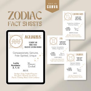 Könnte beinhalten: Ein digitales Tablet zeigt ein Faktenblatt zum Sternzeichen Wassermann, zusammen mit zusätzlichen Blättern für Steinbock, Fische und Stier. Die Blätter zeigen astrologische Symbole, wichtige Eigenschaften, Glückszahlen und Blumenassoziationen. Das Farbschema ist Gold und Weiß.