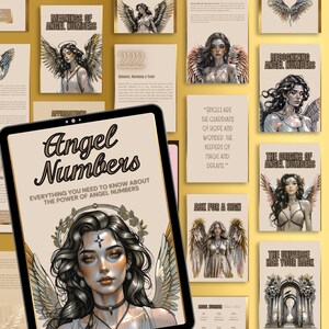 Pu&ograve; includere: Una stampa d'arte digitale con un tablet che mostra "Numeri degli angeli" con un ritratto di donna. Intorno al tablet ci sono diverse carte con illustrazioni e testo a tema angeli, tra cui "Significati dei numeri angelici" e "Riconoscere i numeri angelici".