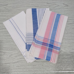 Vintage Men’s Handkerchief Set of 3 – 1970s Cotton Hankies, Plaid & Striped Pocket Squares, Unused Collectible Hanky Lot