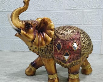 黄金の象の置物 | タイの手作り装飾品 | 宝石をちりばめた幸運の象の像