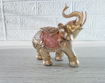 黄金の象の置物 | タイの手作り装飾品 | 宝石をちりばめた幸運の象の像