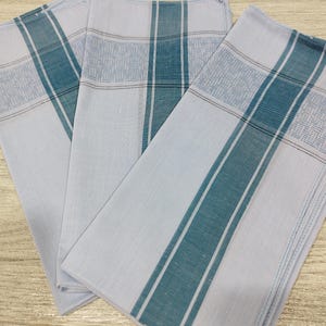Vintage Men’s Handkerchiefs Set of 3 – Cotton Hankies 1970s Blue Striped, Never Used Pocket Squares 16.5” x 16.5”